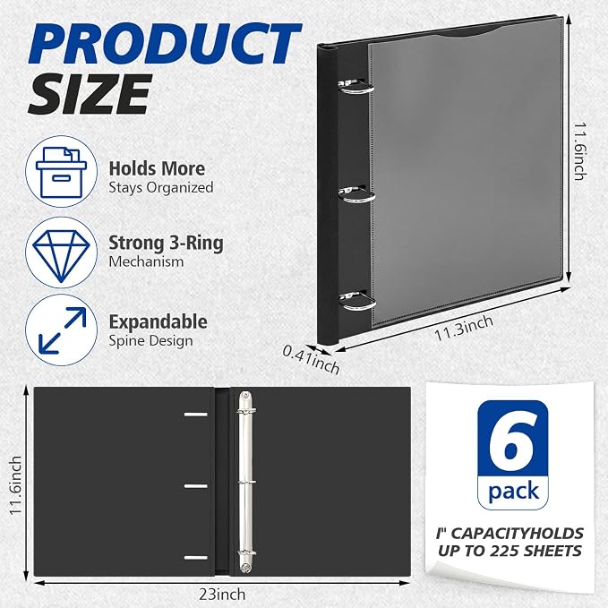 Henoyso 6 Pack 1 Inch D Ring Telescoping 3 Ring Binder Bulk, Binders with Clear Front Pocket and Telescoping Spine, 8.5" x 11" Paper Organizer, Home Office Organization Supplies (Black)