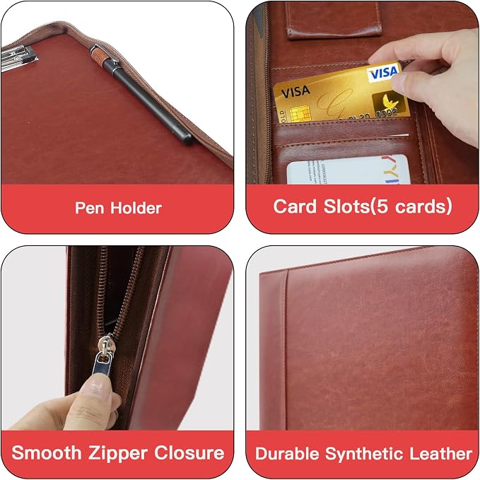 WRIYES Zippered Portfolio Organizer with 3 Ring Binder, Brown | Leather Padfolio, Professional Business Binder, Organizer for IPad/Document, Phone & Business Cards