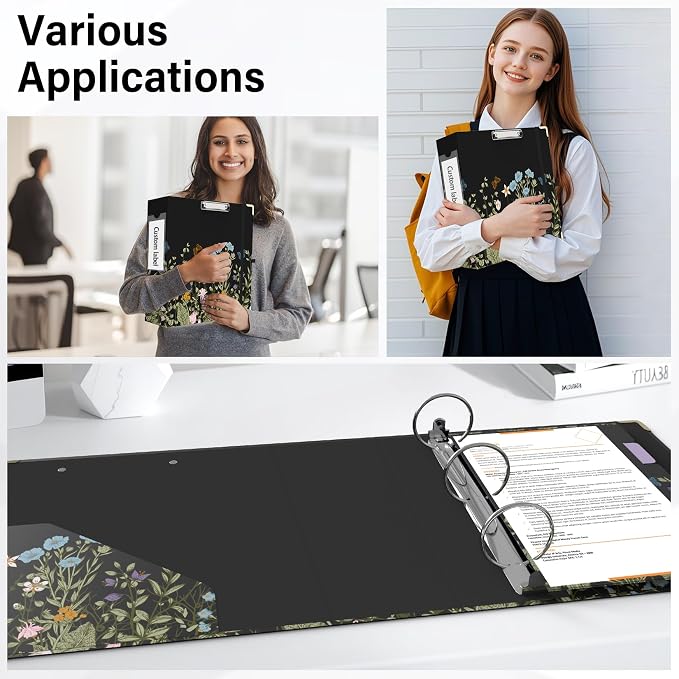 3 Ring Binder 3 Inch Round Ring Binder with 6 Tab Dividers，2 Interior Pockets，Cute Binder Clipboard with Storage, for School Office, Portfolio Organizer with Labels(Wild Flowers)