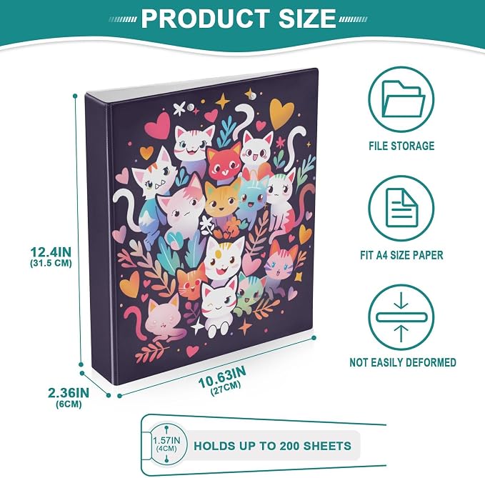 3 Ring Binder 1.5 in Recipe Binders Cute Cat Colorful | Decorative Client Records with Clip 3 Clear Interior Pockets for 200 Sheets Letter-Size(11" x 8.5") Paper PVC Cover Folder
