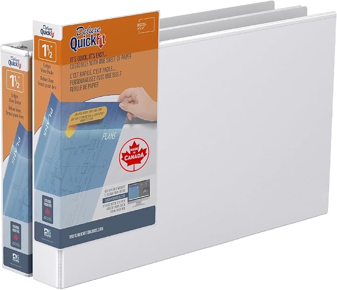 QuickFit Heavy Duty 11 x 17 Inch Spreadsheet View Binder, D Ring, White, 2 Pack, 1.5 Inch