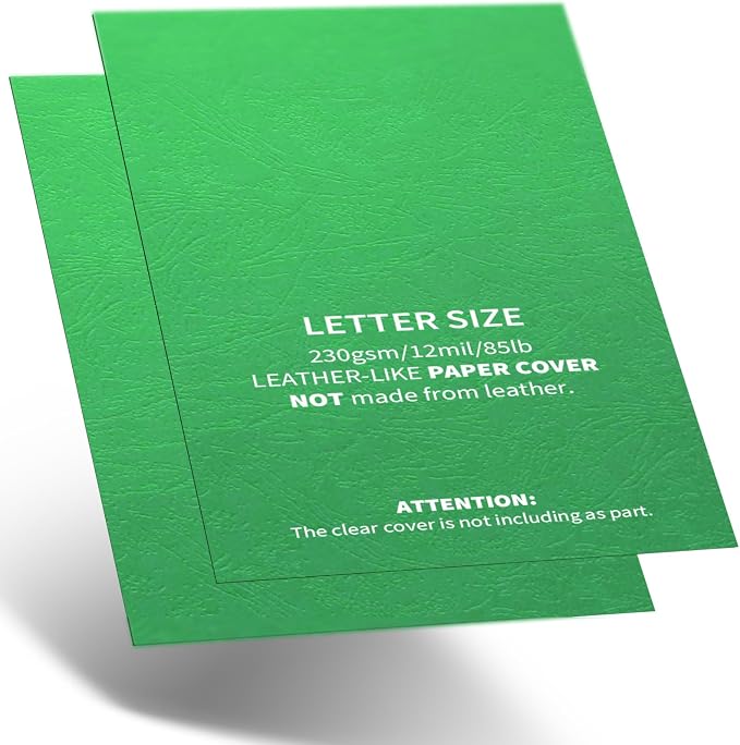 Binditek 12 Mil Paper Binding Covers, 8.5 x11 Inches, Green, 100 Pack | Grain-Texture, 8.5" x 11" Letter Size, 230 GSM, 85 lb, Square Corners, Unpunched, for Business, School Projects