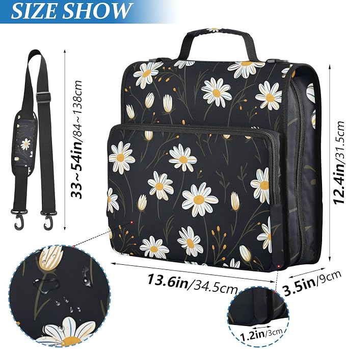3 Ring Zipper Binder with Shoulder Strap White Daisy Flower Black 1.5 inch Binders Keeper Large Capacity Multi Pockets for School Office Supplies