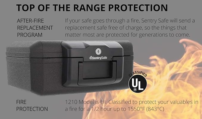 SentrySafe Fireproof Safe with Key Lock, Chest Lock Box for Home or Travel Secures Money, Documents, 0.18 Cubic Feet, 6.1 x 14.3 x 11.2 Inches, 1210 | Fire Resistant Chest Safe With Key Lock, Portable Compact Design Protects Money, Documents, Jewelry F...