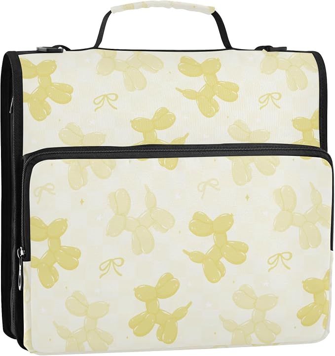 Yellow Balloon Dogs Bow Zipper Binder with Shoulder Strap Bag 3 Ring Binder Organizer Large Capacity Multiple Compartments for School Office