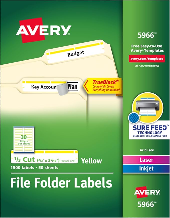 Avery® TrueBlock® File Folder Labels, 2/3" x 3-7/16", 1,500 Printable Labels, White/Yellow, Permanent (5966)