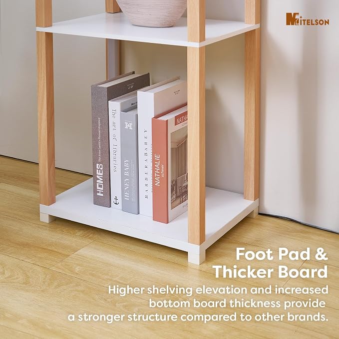 Floor Lamp with Shelves, Modern Shelf Lamp with Remote/APP Control, Standing Lamp for Living Room and Bedroom, 5-Tier Display Shelf with Dimmable Lights, Tall Lamp, White/Natural Wood
