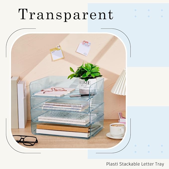 Harloon 4 Tier Clear Blue Acrylic Paper Organizer Letter Tray, Aesthetic Stackable Desk File Organizer Paper Holder Office Tray for A4, Modern Classroom Office Home File Pad Books Notes