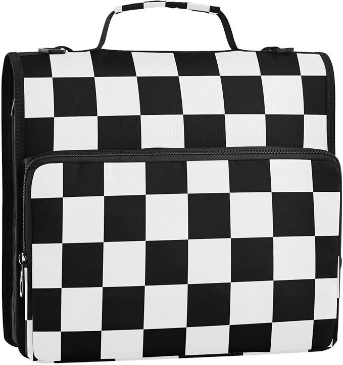 ALAZA Zipper Binder 3 Ring Black White Checkered Plaid Binder Organizer with Zipper and Shoulder Strap Large Capacity Multi-Pocket Trapper Keeper File Folder for Office Supplies