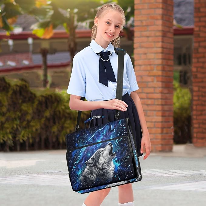Wolf Space Star Print 3 Ring Zipper Binder with Shoulder Strap & Handle 2 Inch D-Ring Zippered Binder Bag with Multiple Pocket & Pencil Pouch, Binder Organizer for School or Office