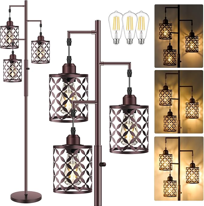 Dimmable Floor Lamp, Farmhouse Standing Lamp with Elegant Metal Cage, Industrial Tall Tree Floor Lamps for Living Room Bedroom Study Room Office, 3 x 800LM LED Bulbs Included - 72", Brown