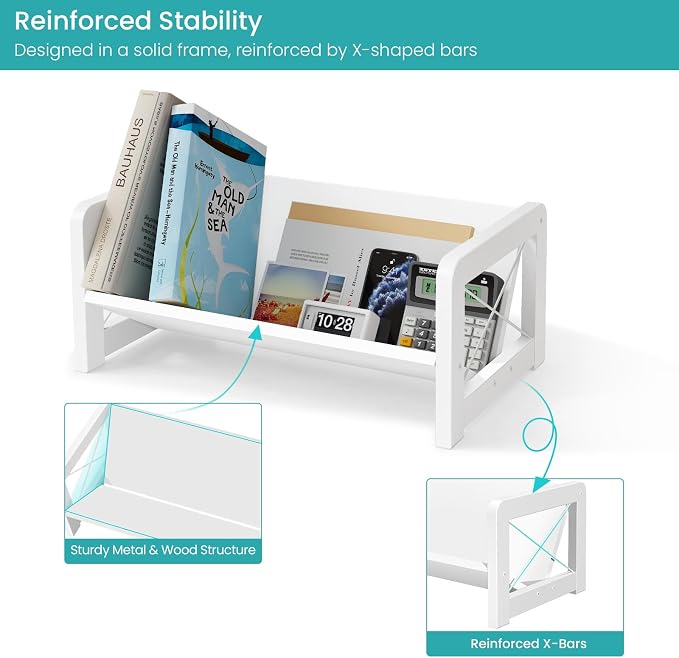 ELITEROO Mini Bookshelf for Desk, Desktop Bookcase, Single Cookbook Shelf, Tabletop Book Storage Rack, Tiny Book Organizer for Book Display & Storage, White