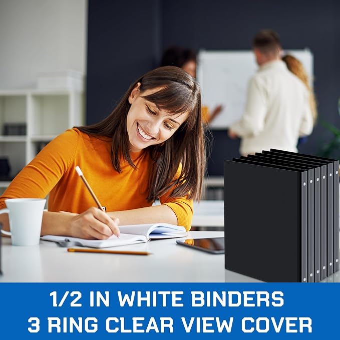 Fulmoon 12 Pcs Economy View 3 Ring Plastic Binder 12.2 x 9.8 Inch Plastic Round Ring Binders with Pockets Notebinder for Meetings for Home, Office, School (Black,1/2 Inch)