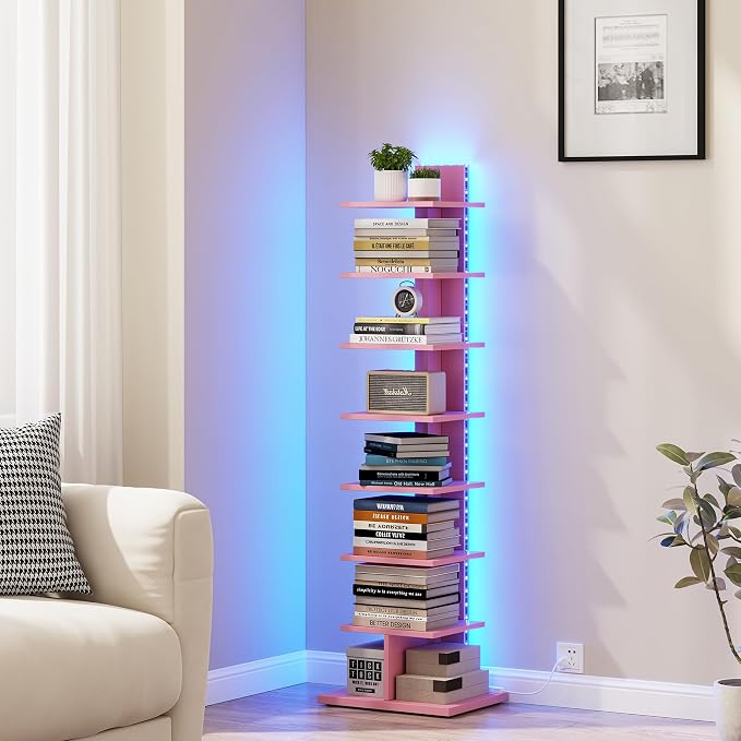 TUTOTAK Book Shelf, Narrow Spine Bookshelf, 8-Tier Bookcase with LED Lights | 10.4 x 13.4 x 47.5 Inches Vertical Freestanding Corner Shelf for Living Room, Office, Small Space, Pink BS06BP008L