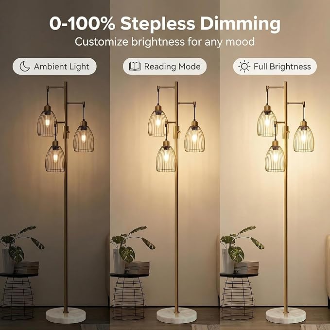 Torondo Dimmable Floor Lamps for Living Room, Industrial Standing Lamp with Marble Base, Antique Brass Tree Tall Pole Light with 3 Elegant Teardrop Cage Head & 800 Lumens LED Bulbs for Bedroom Office