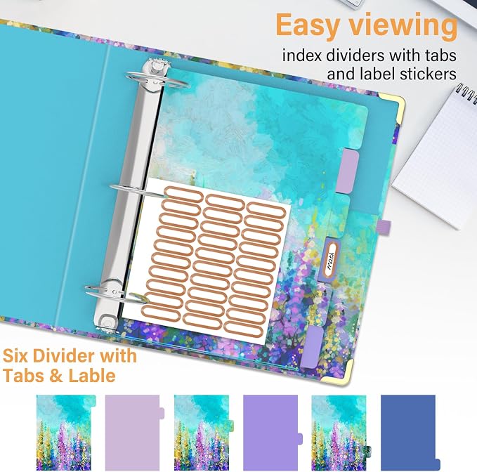 3 Ring Binder 3 Inch Ring, Three Ring Binders for Letter Size 11" x 8.5" with 6-Tab Dividers, 2 Pockets, Binder with Clip for School and Office Supplies-Purple Oil Painting