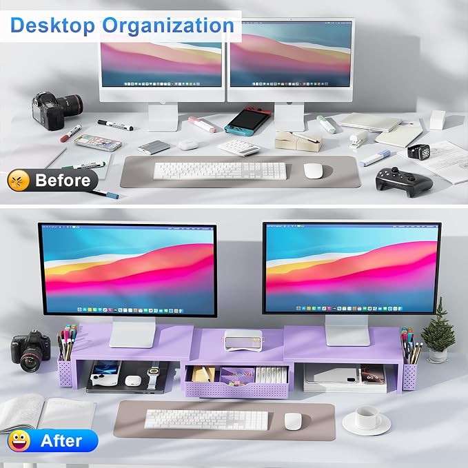 gianotter Dual Monitor Stand Riser With Drawer and 2 Pen Holders | Computer Monitor Stand Desk Organizer and Accessories Desk Shelf for Top of Desk (Purple)