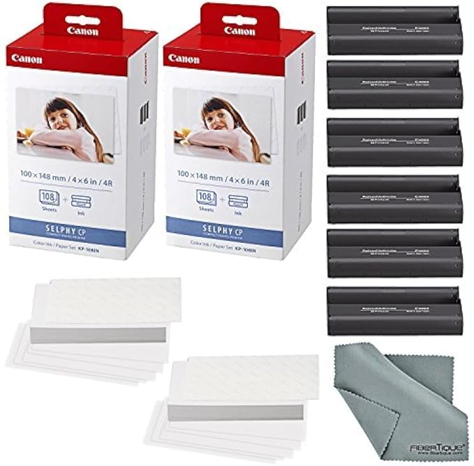 Canon KP-108IN Color Ink 108 Sheet 4x6 Paper Set Bundle | 2-Pack, Microfiber Cleaning Cloth, Dye-Sublimation Technology, Perfectly Sized for Sharing, (3 items)