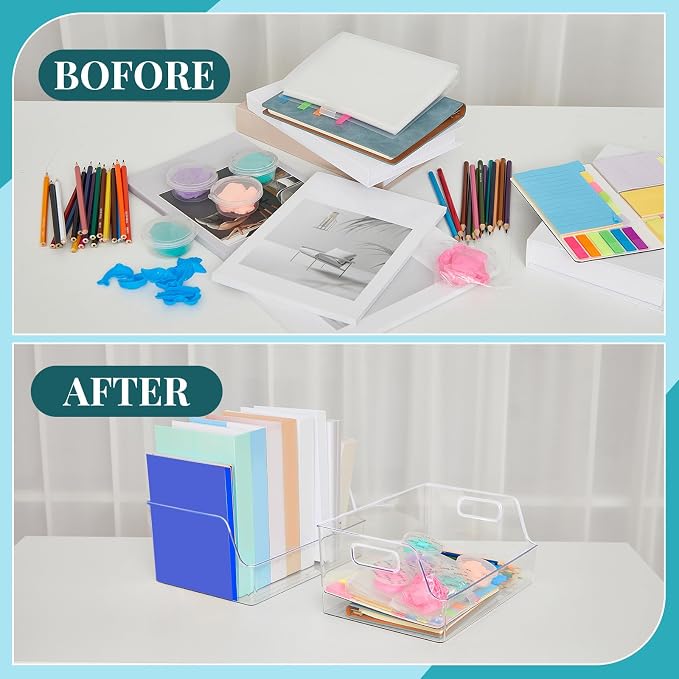 4 Pcs Clear Large Storage Book Display Case 13 x 8.5 x 5.9 Inch Book Organizer Stackable Bookcase Display Storage Containers with Handle Office Bookshelf Organizer Rack for CDs Magazine