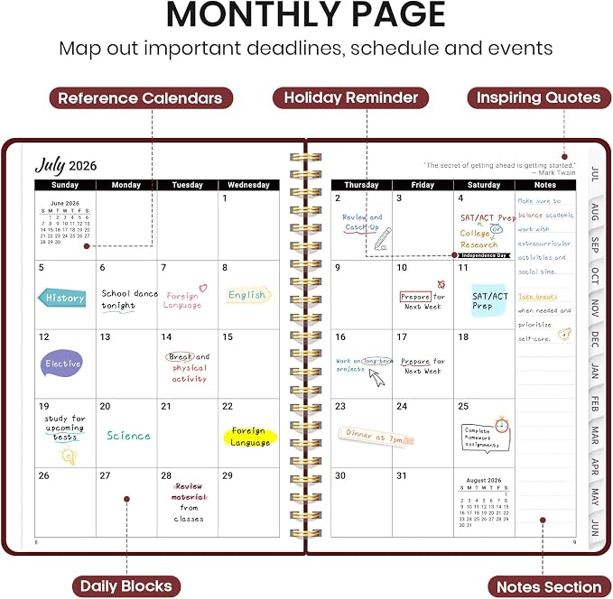 Taja Planner 2026-2027, Jul 2026-Jun 2027 Monthly & Weekly Calendar Book | 6.3" x 8.5", Hardcover Academic Calendar with Tabs, Teacher Student Agenda Book for School Office Supplies - Burgundy