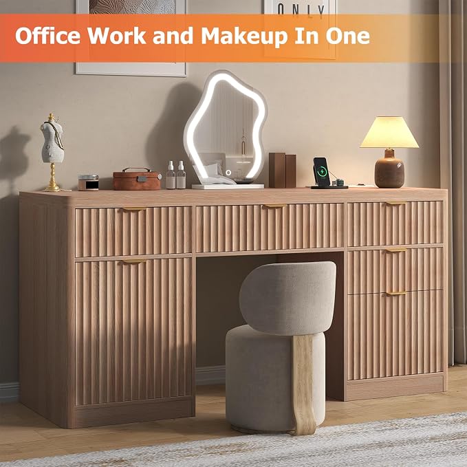 knoworld Fluted Executive Desk with Charging Station, 58" Wood Home Office Desk with 4 Drawers, 1 File Cabinet, 1 Storage Cabinet, Modern Writing Desk for Work, Living Room, Bedroom (Natural)