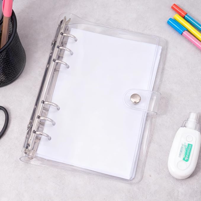 6 Pack PVC A6 Binder Transparent 6 Ring Binder Clear Soft PVC Notebook Cover Budget Planner Folder Cover with Snap Button