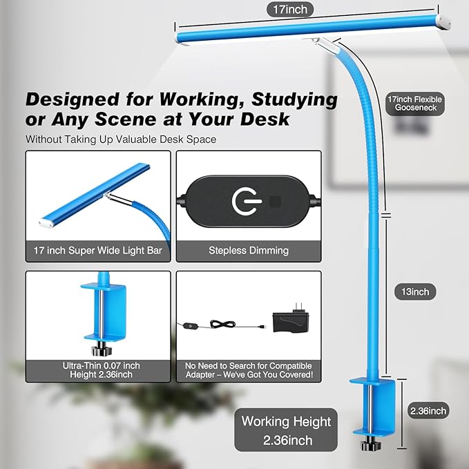 Airlonv LED Desk Lamp with Clamp, 17" Stepless Dimming Light, Blue | 2700K-6500K, 100 LEDs, 360° Gooseneck, Fits Up to 30" Monitors, Flicker-Free Lighting for Home Office, Study& Workbench