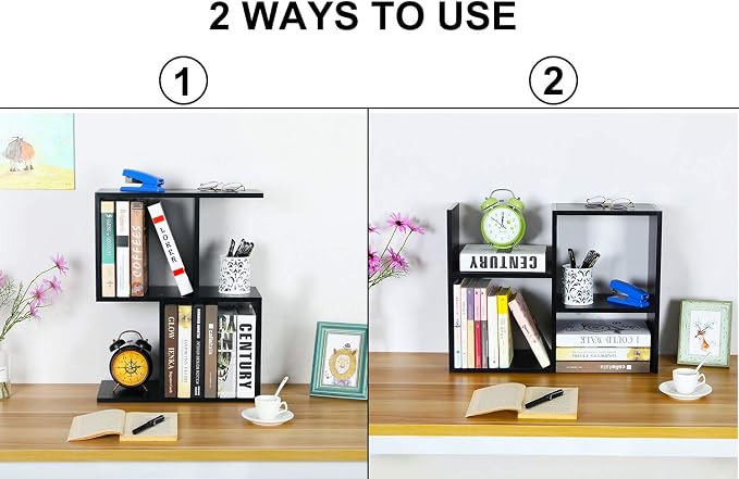 Desktop Shelf Freestanding Wooden Small Bookshelf Desk Supplies Organizers and Accessories Storage Display Rack Office Dorm Decor for Women, Black