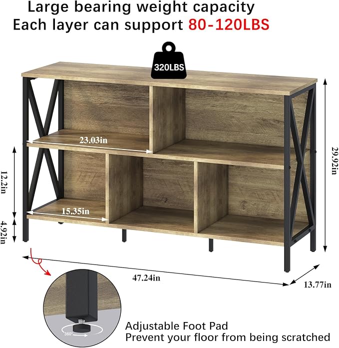 Adompacat 47" Low Horizontal Bookshelf, 5 Cube Wide Storage Organizer, Industrial Wood Metal Cubby Bookcase, Rustic Oak Farmhouse Open Shelf for Bedroom Living Room Home Office(47 in, Oak)