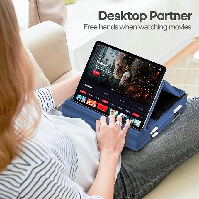 KDD Tablet Pillow Stand, Multi-Angle Viewing Ipad Holder for Lap, Bed and Desk, Foldable Soft Pad Dock with Stylus Mount Compatible with Ipad Pro 12.9, 10.5, 11, Air, Mini, Phones, Books, E-Reader