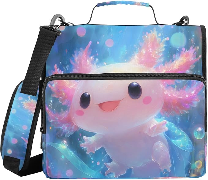 Shiny Axolotl 3 Ring Binder Bag 1.5 inch Binder Organizer with Zipper Shoulder Strap 500 Sheet Documents Storage for School Office