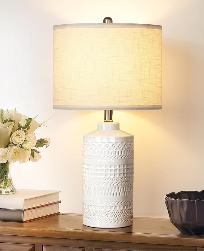JUNNAI 24.5" White Ceramic Table Lamp 3-Way Dimmable Nightstand with White Linen Shade Bedside Lamp for Bedrooms & Living Room Office Reading(Bulb Included)