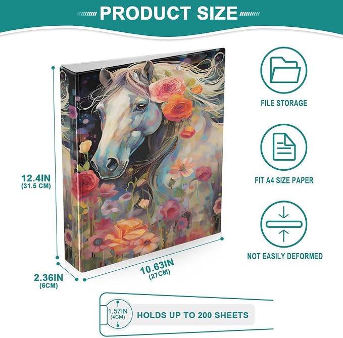 3 Ring Binder, Animal Pattern Horse Watercolor File Folder Holds 200 Sheets File Storage for Women Men School Office Supplie