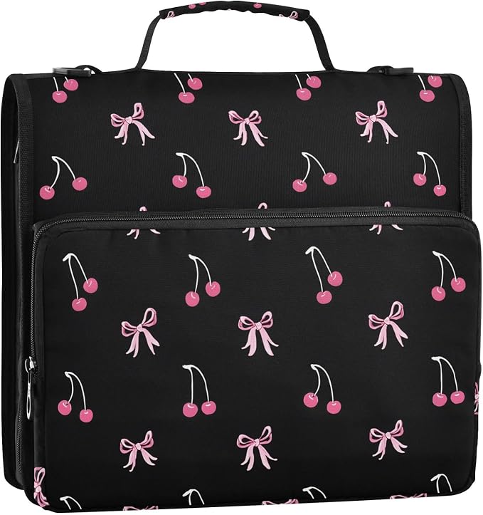 Black Pink Bow Cherry Zipper Binder Bag 3 Ring Binder with Shoulder Strap Zip Up 500 Sheets Capacity Multi Pockets for School Office Supplies