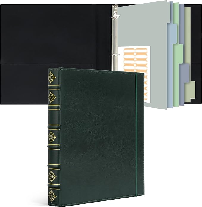 Ospelelf Vintage Leather 3 Ring Binder 1 Inch, Hardback D Ring Binder with Pockets and 5 Tab Dividers, Book Style Document Organizer Fits Letter Size Paper for Home and Office Green