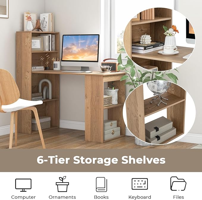 GRAFFY Computer Desk with 6 Storage Shelves - 48" Reversible Writing Desk Workstation with Bookshelf and CPU Stand, Modern Compact Office Desk for Bedroom, Study, Home, Office (Natural) | Reversible Writing Desk with 6 Storage Shelves, Modern Compact O...