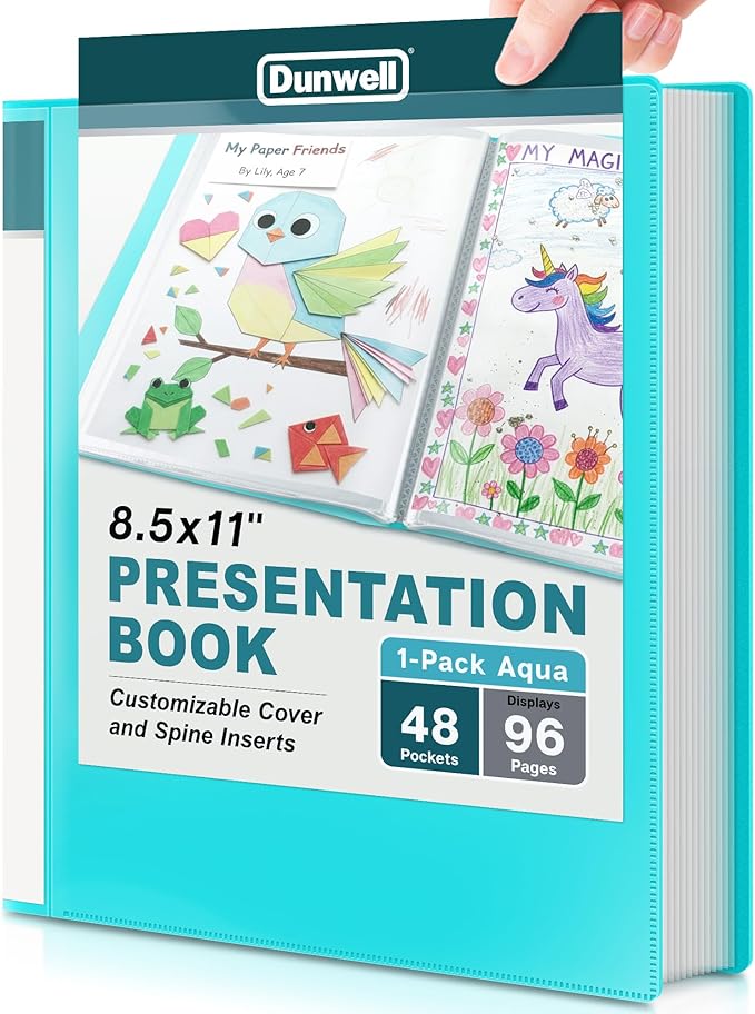 Dunwell Presentation Binder 48-Pocket, Displays 96 Pages, 8.5x11 Portfolio Binder with Plastic Sleeves, Storage and Organizer for Documents, Photos, Kids Artwork, Projects, Recipes (Aqua)