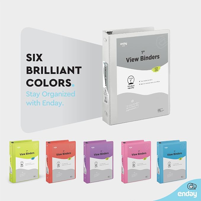 Enday 1 Inch Binder (6 Pack - Grey) 3 Ring Binder 1 inch with Clear View Cover and 2 Inside Pocket - for Letter Size 8.5 x 11'' Paper, Ideal for School Supplies, Office, and Home