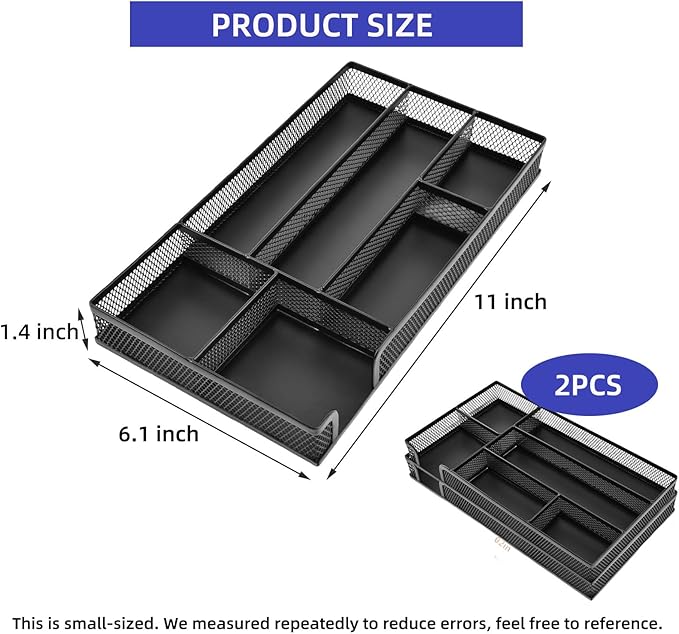 2 Pack Desk Drawer Organizer, Small Metal Mesh Desk Organizer Tray, Pen Pencil Drawer Organizer for Office Supplies, Desktop, Makeup, Vanity