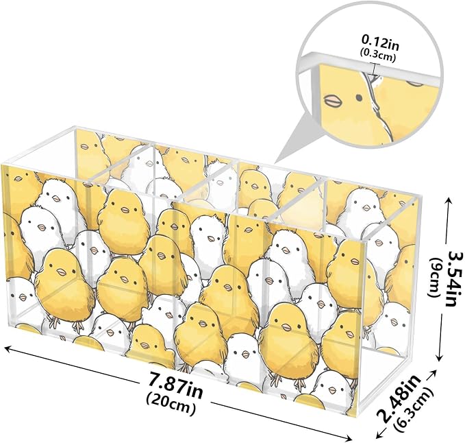 Yellow White Chicken Clear Acrylic Cutlery and Pen Organizer, Acrylic Plastic Pencil Holder Square 4 Compartments Large Capacity Acrylic Pencil Holder Desk Pencil Organizer