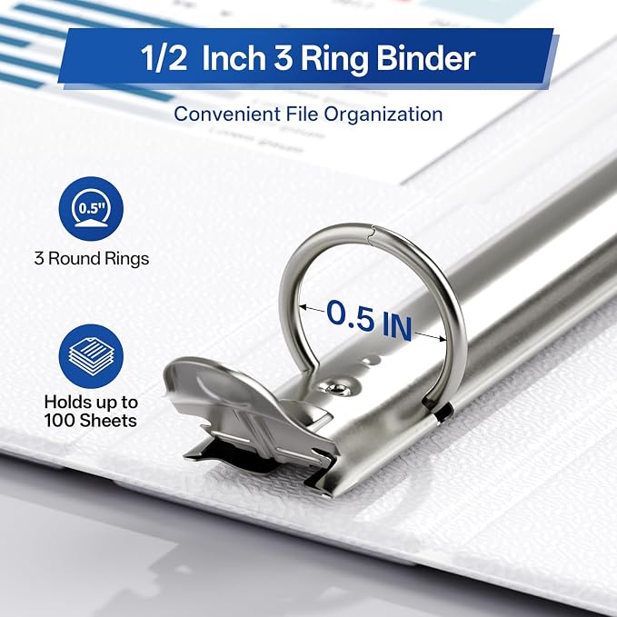 GNL 1/2 Inch Binders 3 Ring Economy 12 Packs White, Half Three Ring (Fits 100 Sheets of 8.5x11 Paper) Clear View PVC-Free & Non-Stick for School or Office Supplies