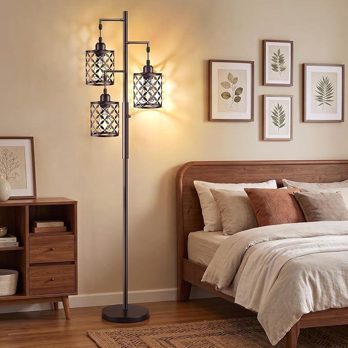 Dimmable Floor Lamp, Farmhouse Standing Lamp with Elegant Metal Cage, Industrial Tall Tree Floor Lamps for Living Room Bedroom Study Room Office, 3 x 800LM LED Bulbs Included - 72", Brown
