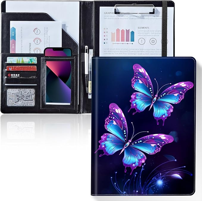 Padfolio/Portfolio Folder Clipboard,Padfolio Clipboard,Writing Portfolio Leather with Cover for Card Holder Slot Letter Size A4 for Office Conference Notepad Clip Boards,Delicate Butterfly