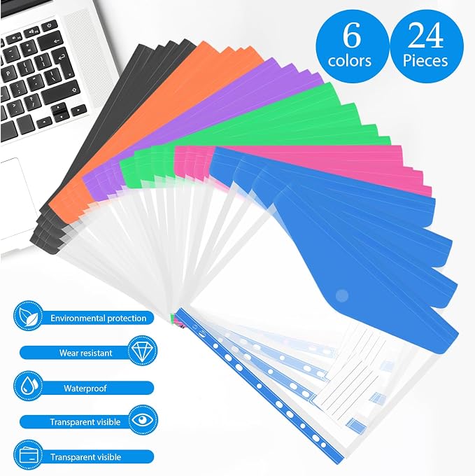 24 Pack Binder Folders with Pockets 11 Holes Expandable Dividers for 2/3/4 Ring Document Pouch with Label Loose-Leaf Transparent Binder Organizer for School Home Office(Side-Opening)