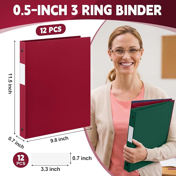 Henoyso 1/2 Inch 3 Ring Colored Binders Soft Flexible, 8.5'' x 11'' Plastic Floppy Binders Bendable with 2 Pockets, Colorful Binder Bulk for School Office Business ，12 Pack (Assorted Classic Color)