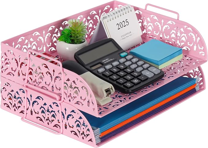 EasyPAG Paper Organizer for Desk 2 Tier Stackable Paper Tray for A4 Legal Size Folders Metal File Storage Desktop Organizer for Home Office School Teacher, Pink