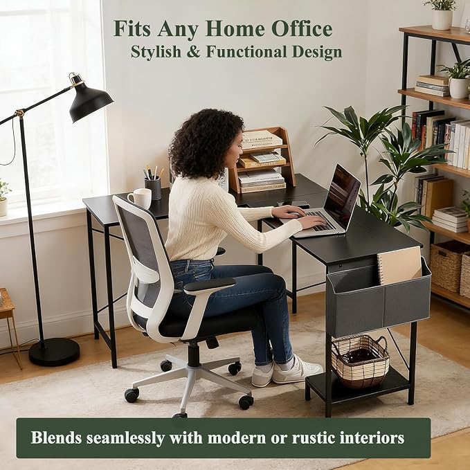 L Shaped Desk, 50 Inch Reversible Computer Desk Corner Gaming Table with CPU Stand & Storage Bag, Sturdy Metal Frame PC Workstation for Home Office, Black Wood | Storage Bag, Black Corner Gaming Table, Sturdy Metal Frame, PC Workstation for Home Office