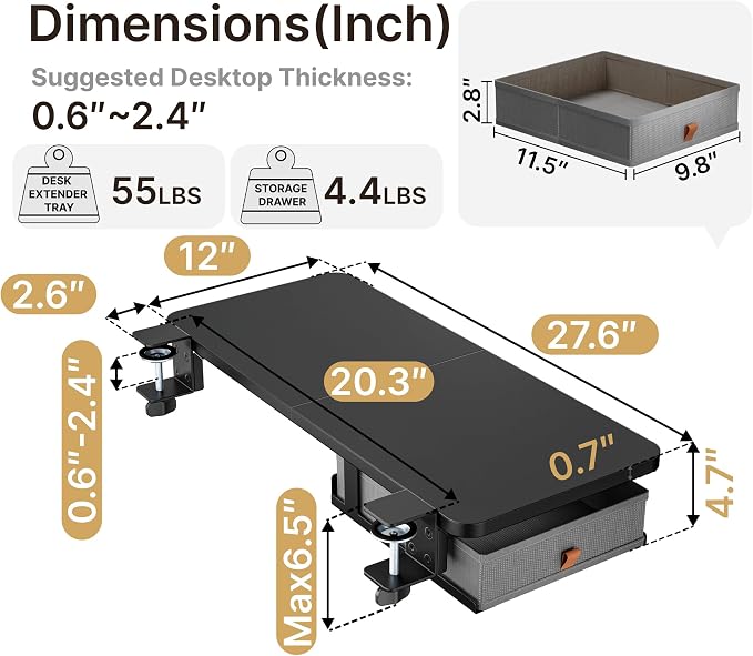 Desk Extender Tray, 28" x 12", with Storage Drawer, Large, Black | Desk Extension, Clamp on Desk Shelf, Clamp On Keyboard Tray for Office and Home, Workstation Organizer