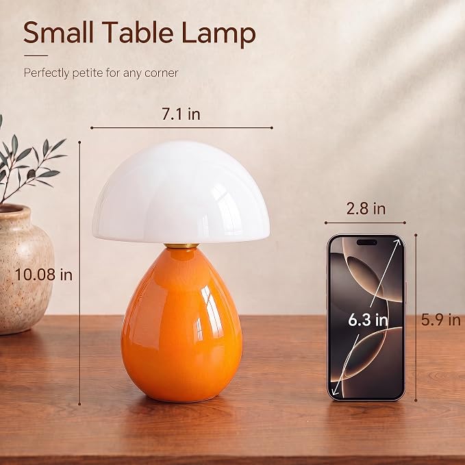 Mushroom Lamp Table Lamp for Bedroom-Small Desk Table Lamps,Orange | Ice Crackle 8.7" Mid Century Modern Table Lamps for Living Room Bedroom Decor,Ceramic Lamps for Home Room Decor,Glass Shade