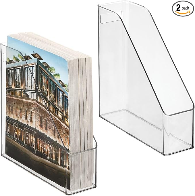 mDesign Plastic Slim Vertical File Folder Storage Organizer Bin with Handle - Hold Notebooks, Binders, Envelopes, Magazines for Home Office, Work Desktops, Ligne Collection, 2 Pack, Clear
